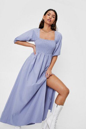 Shirred Puff Sleeve Maxi Slit Dress | Nasty Gal (US)