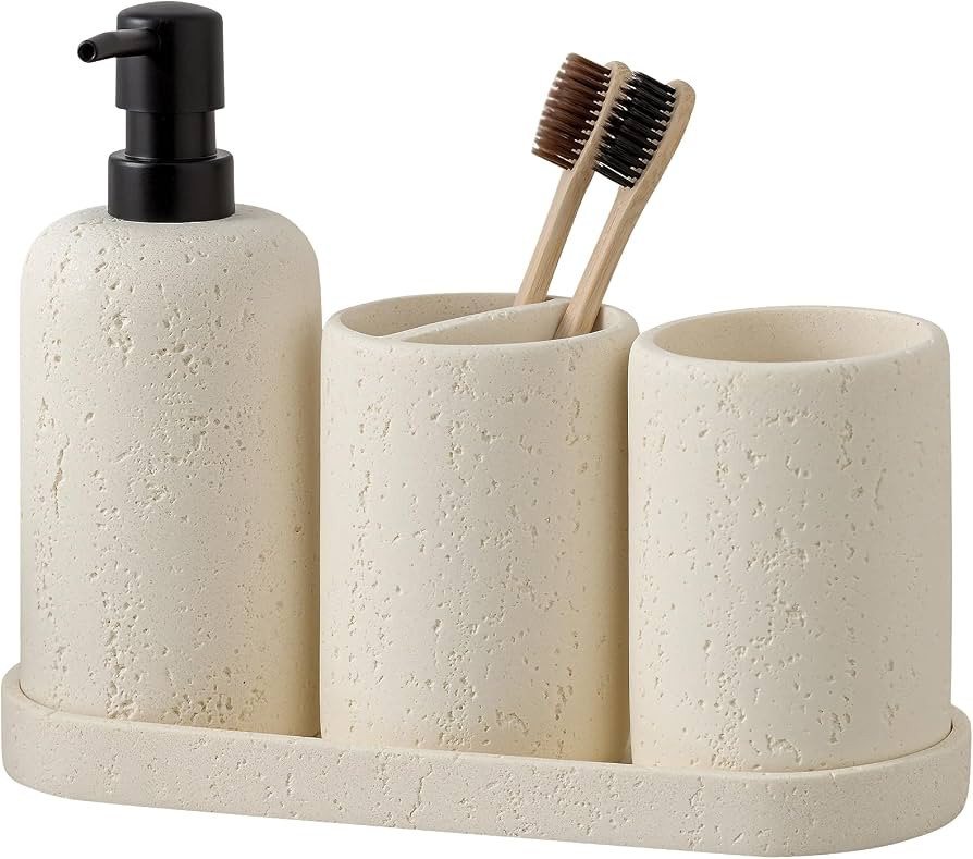 Bathroom Accessories Set, 4 Piece Travertine Stone Look Collection, Modern Bath Organizer with So... | Amazon (US)