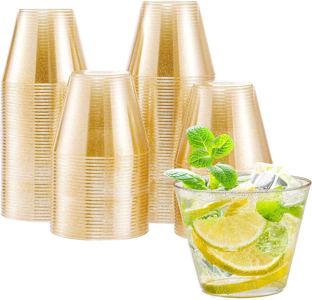 Lamosi 9 OZ Gold Plastic Cups 100 Pack, Disposable Gold Glitter Cups, Fancy Gold Party Cups, Eleg... | Amazon (US)