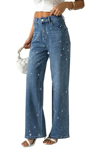 heipeiwa Women's Rhinestone Jeans Wide Leg Denim Pants High Waist Sparkle Shiny Glitter Sequin Trouser Outfit Classic Blue | Amazon (US)