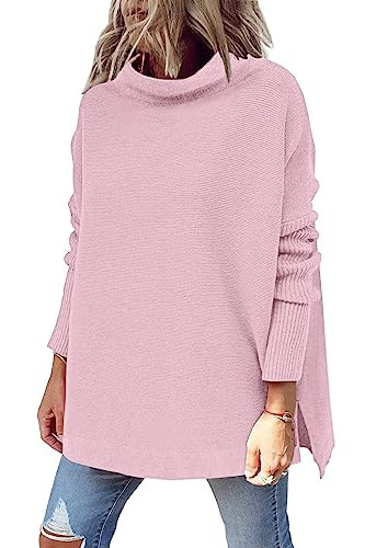 LILLUSORY Women's Mock Turtleneck Sweater Oversized Long Sleeve Casual Knit Pullover Tunic Tops Wear with Leggings DeepPink XS | Amazon (US)