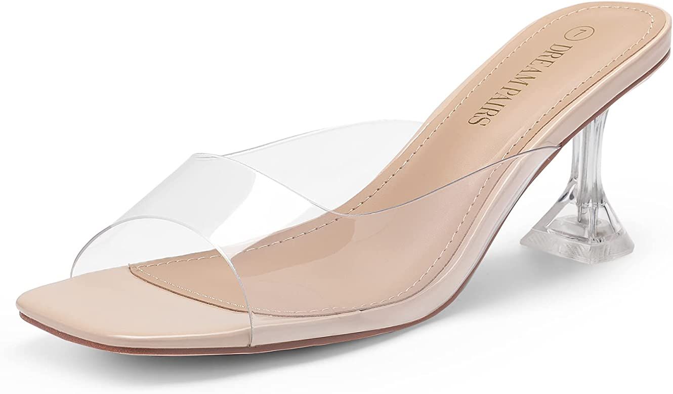DREAM PAIRS Women’s Clear Heels Square Toe High Stiletto Mules Slip on Wedding Dress Heel Sandals | Amazon (US)