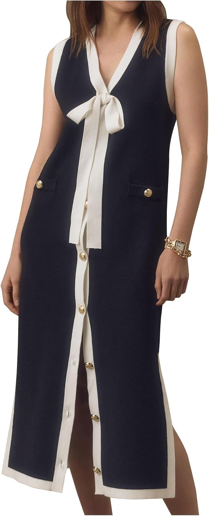 Women‘s Knitted Sweater Dress V Neck Bodycon Maxi Tank Pullover Slit Party Dresses with Bow | Amazon (US)