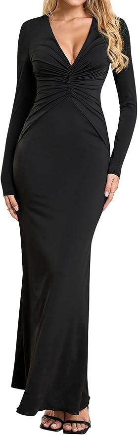 Long Sleeve V Neck Long Dress Bodycon Maxi Ruched Sexy Backless Tie Wedding Guest Formal Fall Dre... | Amazon (US)