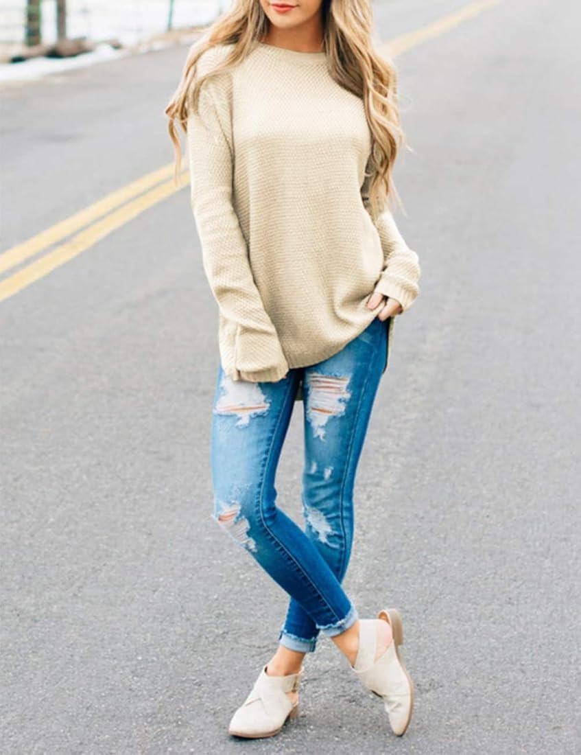 MEROKEETY Women's Long Sleeve Oversized Crew Neck Solid Color Knit Pullover Sweater Tops | Amazon (US)