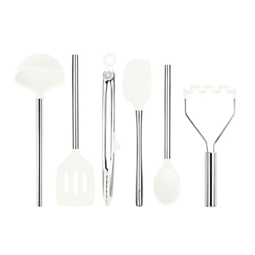 Tovolo Silicone Cooking Utensil Set of 6 White Ladle Slotted Turner Tongs Flex Core Spatula Scraper Mixing Spoon and Potato Masher, Dishwasher Safe Non Toxic BPA Free Silicone Kitchen Utensils | Amazon (US)