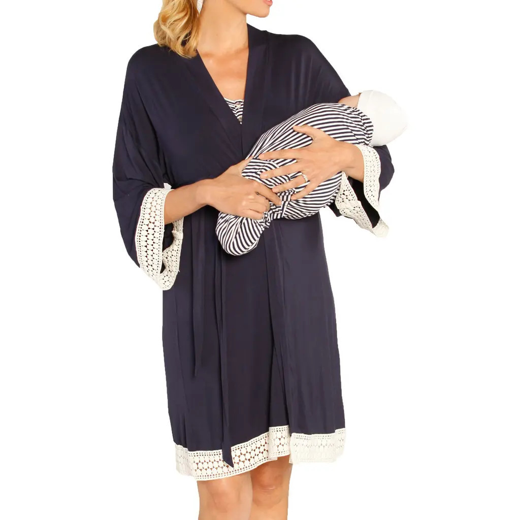 Angel Maternity Nursing Dress, Robe & Baby Blanket Set in Navy Stripes at Nordstrom, Size Xx-Large | Nordstrom