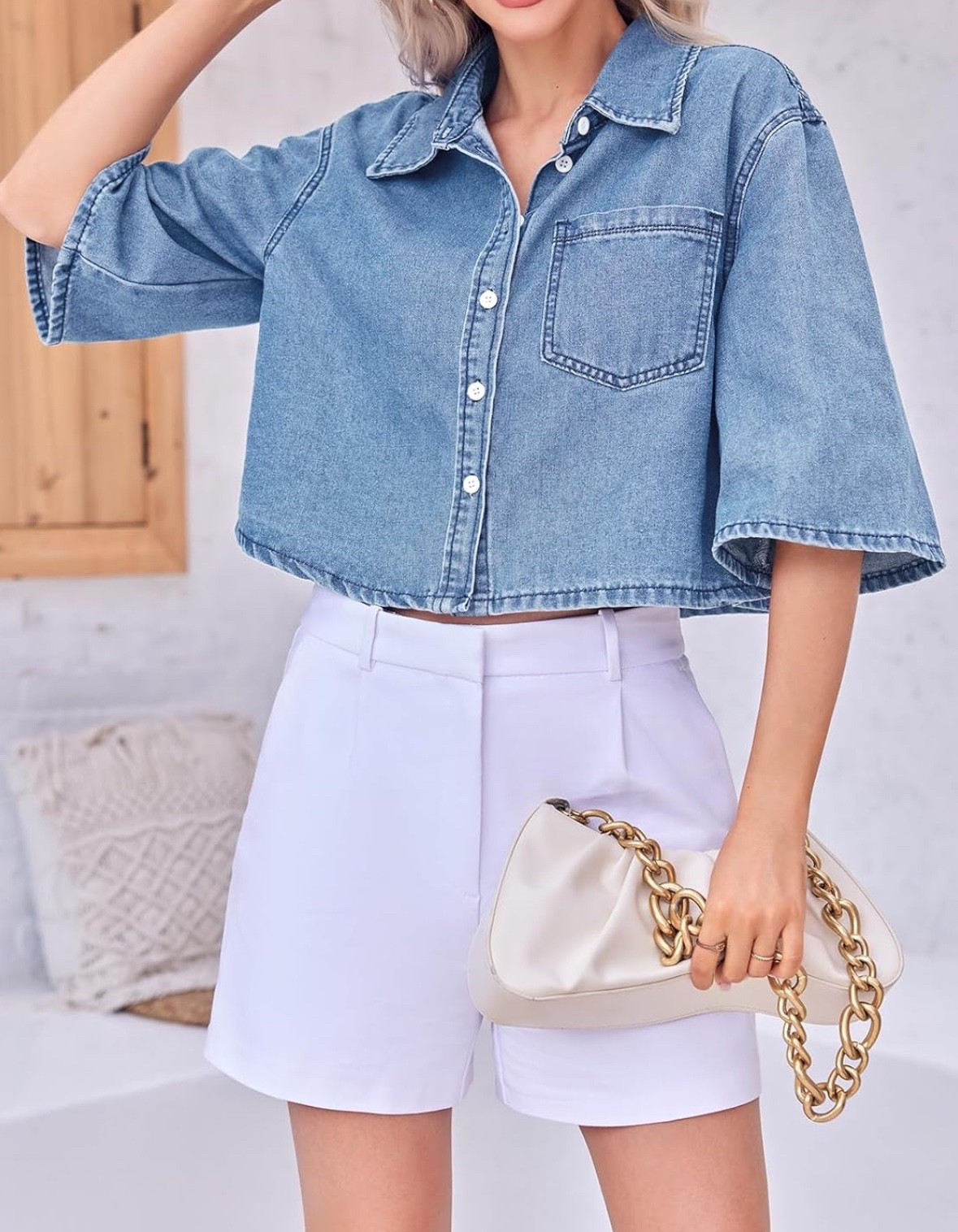 This denim cropped button down is so cute for the summer and even fall. It come sit dark denim and black too. Love the longer sleeves too! 

#LTKSummerEdit #LTKPlusSize #LTKWorkwear
