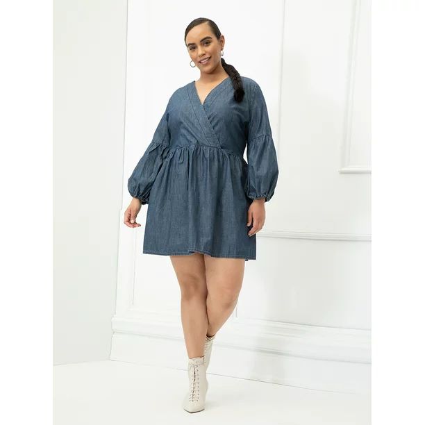 ELOQUII Elements Women's Plus Size Balloon Sleeve Chambray Dress | Walmart (US)