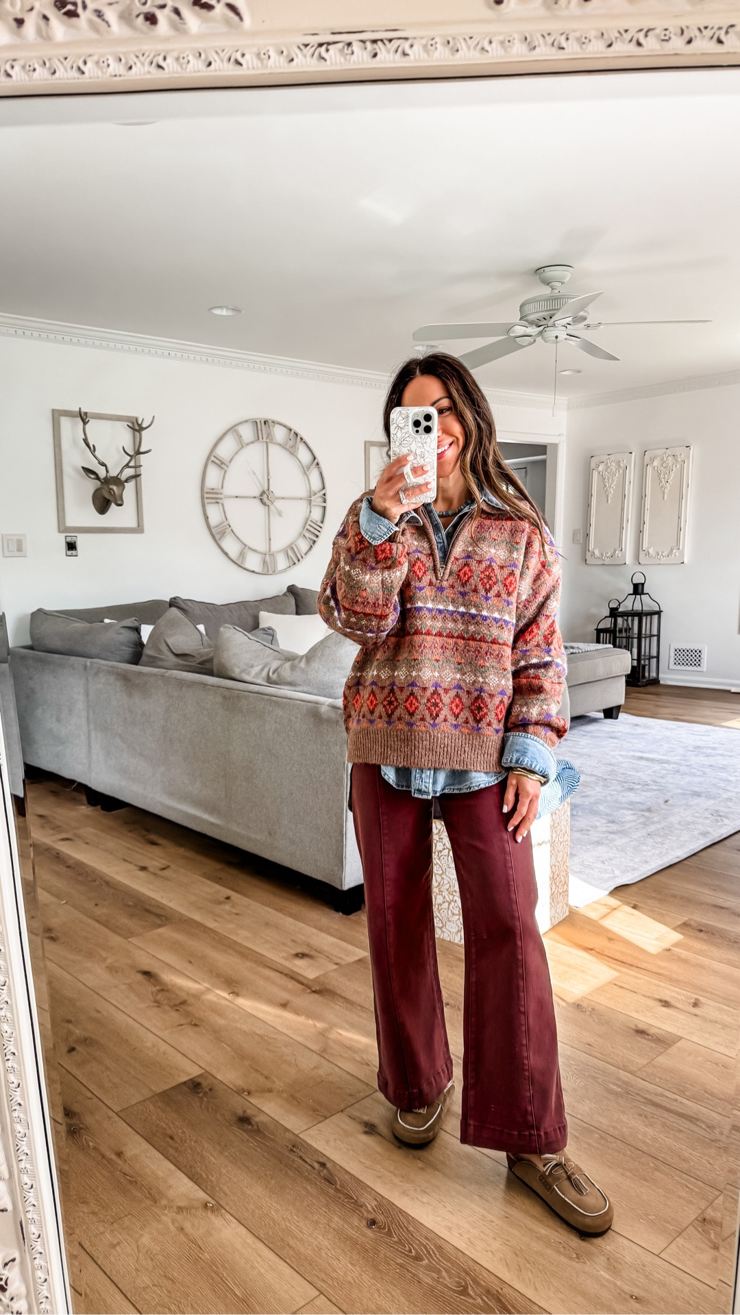 Jewelry code: HOUSEOFLEO20. 
Sweaters small. Jacket fall. Jeans 25. Denim shirt, XS. Dolce Vita full size down. All other shoes TTS. Belt small (size up).
Brown jeans, fair isle sweater