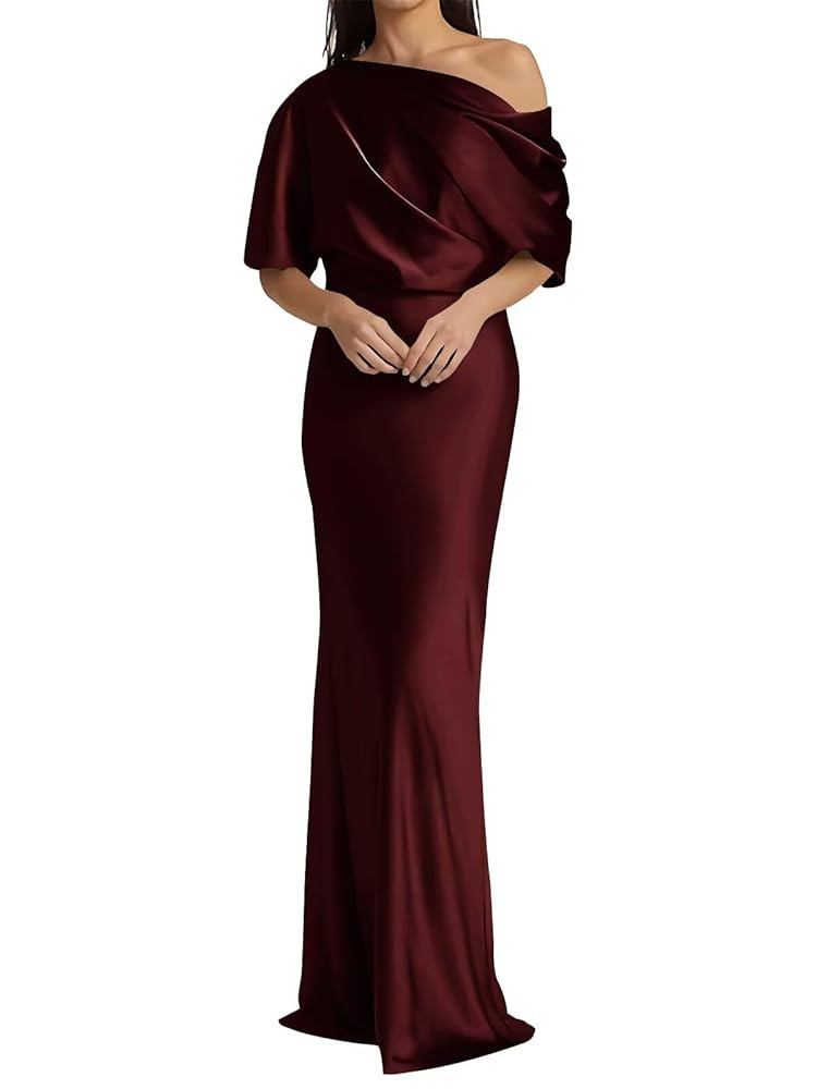 UZN One Shoulder Satin Mother of The Bride Dresses 2025 Long Formal Wedding Party Gown with Sleev... | Amazon (US)