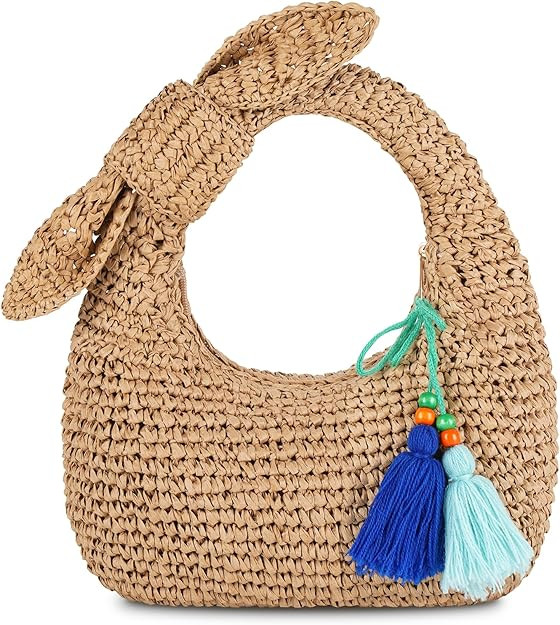 Straw Handbags Small Tote Purse Bow Knotted Straw Clutch with Tassels for Summer Beach Travel | Amazon (US)
