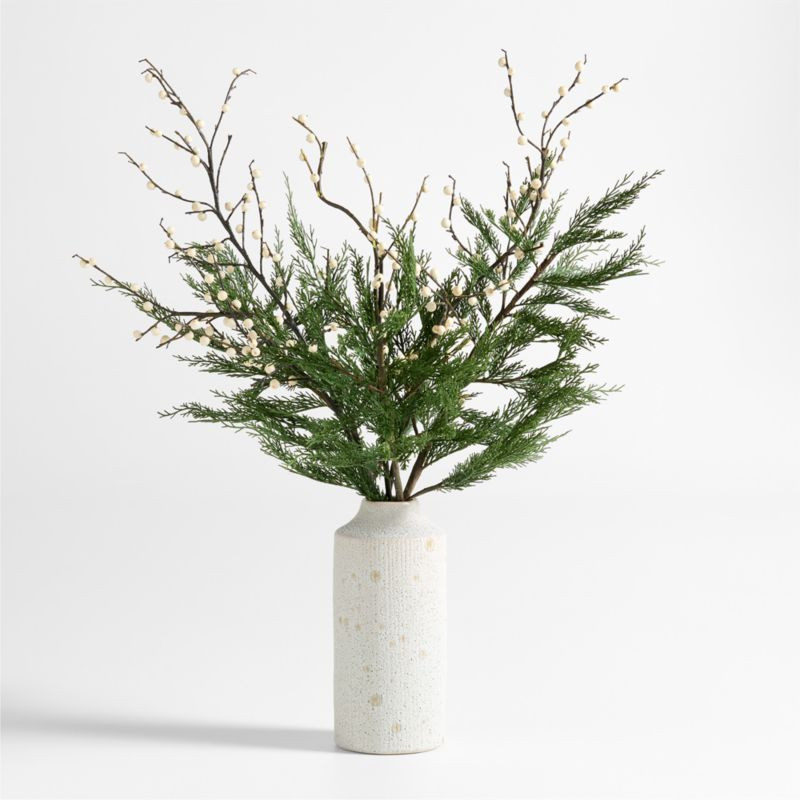 Cypress & White Berry Holiday Arrangement in Ema White Ceramic Vase | Crate & Barrel | Crate & Barrel