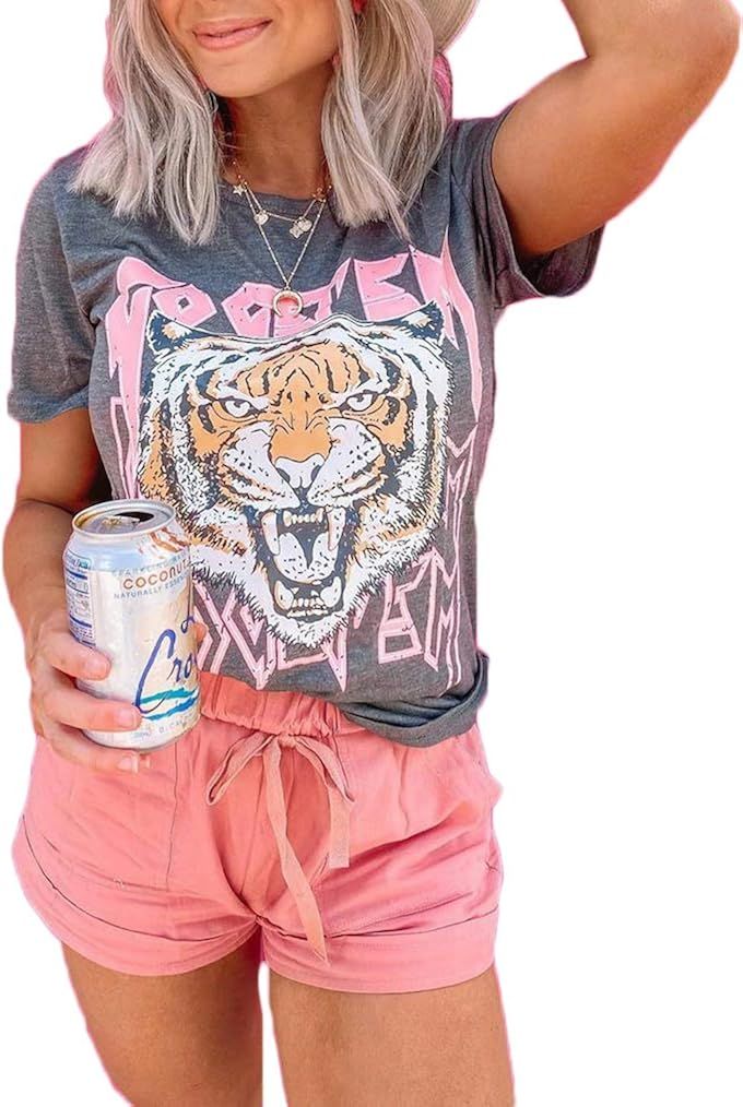 Tiger Printed Short Sleeve Tshirts,Womens Summer Crewneck Graphic Tee Shirt Blouse Tops | Amazon (US)