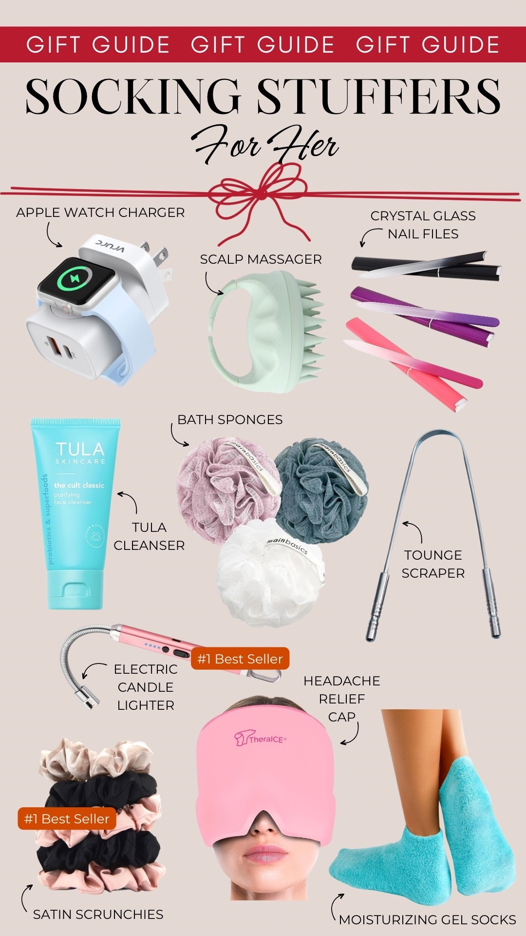 Stocking stuffers for her include an Apple Watch charger, scalp massager, crystal glass nail files, Tula cleanser, bath sponges, a tongue scraper, electric candle lighter, headache relief cap, satin scrunchies, and moisturizing gel socks. 

Gifts for her, gifts for mom, gifts under 10, stocking stuffers for mom

#LTKHoliday #LTKGiftGuide #LTKFindsUnder50