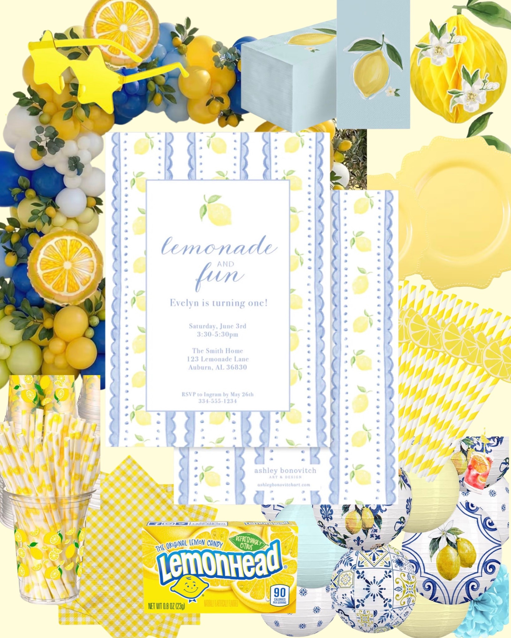 Sweet as can be 🍋✨ The cutest little lemon-themed birthday invitation paired with the prettiest party decor for the ultimate sunny celebration! From citrus details to fresh pops of yellow, this party is giving all the summer vibes ☀️💛 Shop the invitation and matching party details now at Ashley Bonovitch Art￼ 🍋