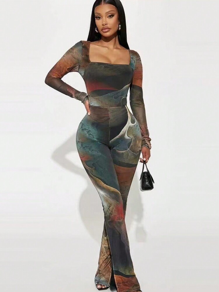 Women's Tie-Dye Square Neck Long Sleeve Sexy Mesh Jumpsuit | SHEIN