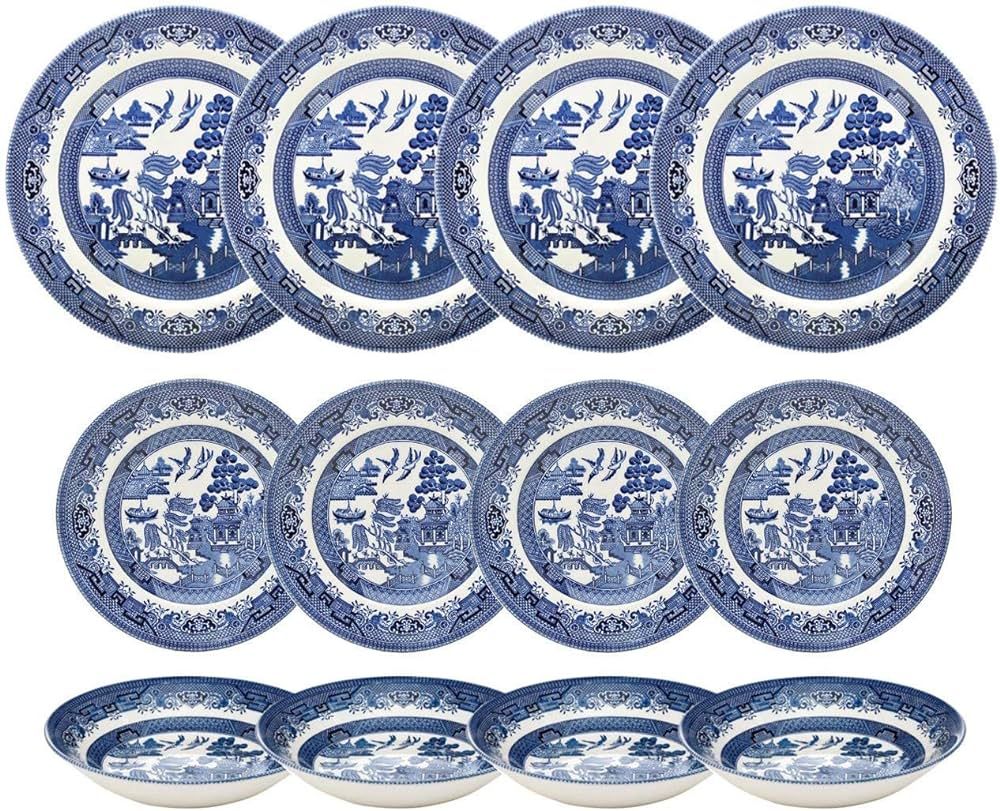 Churchill Blue Willow Dinner Plates, Salad Plates and Coupe Bowls 12 Piece Dinnerware Set, Made I... | Amazon (US)