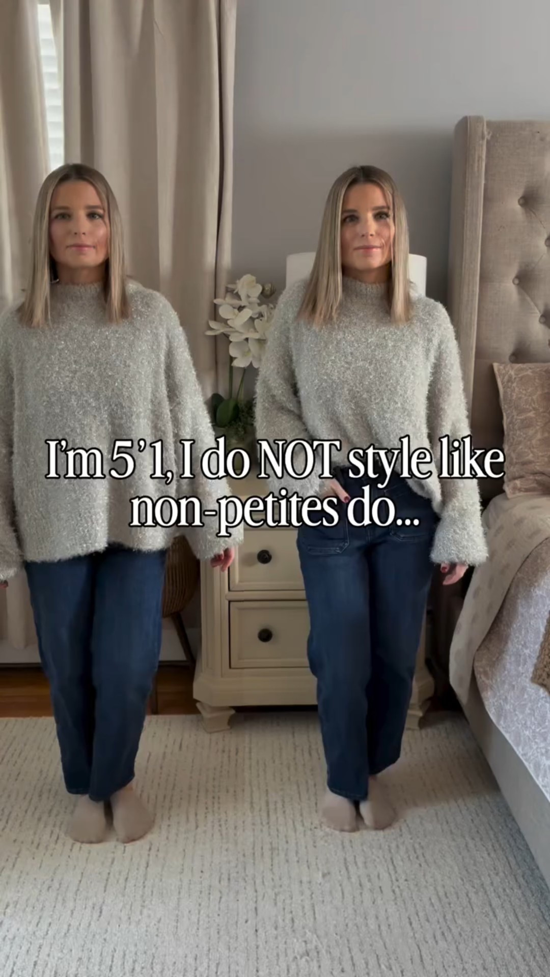 What a difference a little styling makes! ✨ 

Comment SHOP for a 🔗 

#petitehacks #petitetips #petitestyle #styletips #stylehacks grwm ootd sparkle casual holiday petiteholiday denim petitedenim accessories