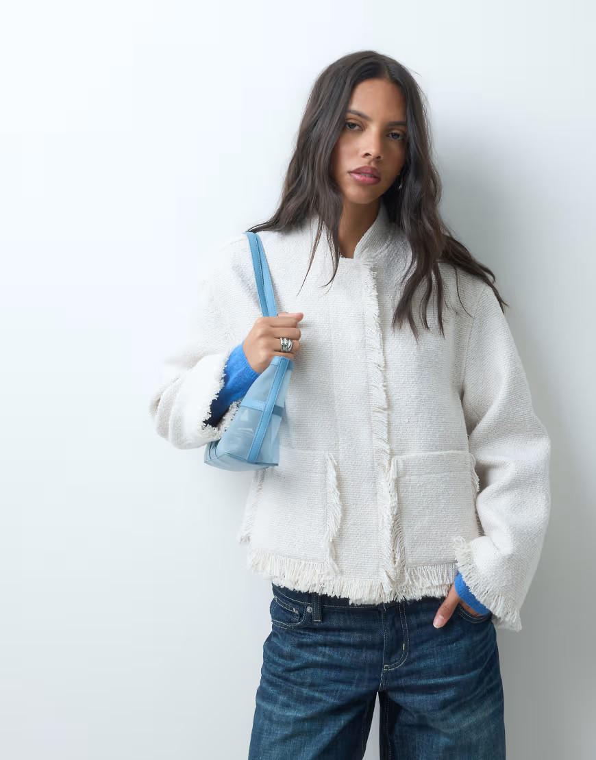 ASOS DESIGN collarless wool blend boucle jacket in cream-White | ASOS (Global)