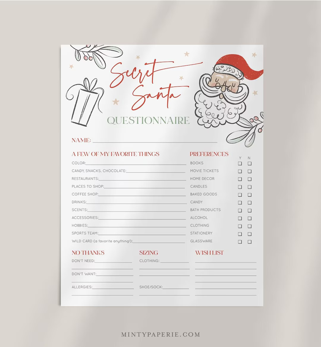 Secret Santa Questionnaire Gift Exchange Form Retro Company - Etsy | Etsy (US)