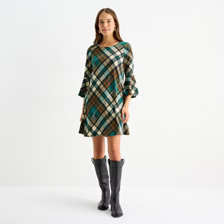 Jessica Howard Womens 3/4 Sleeve Plaid Shift Dress, Small, Green | JCPenney