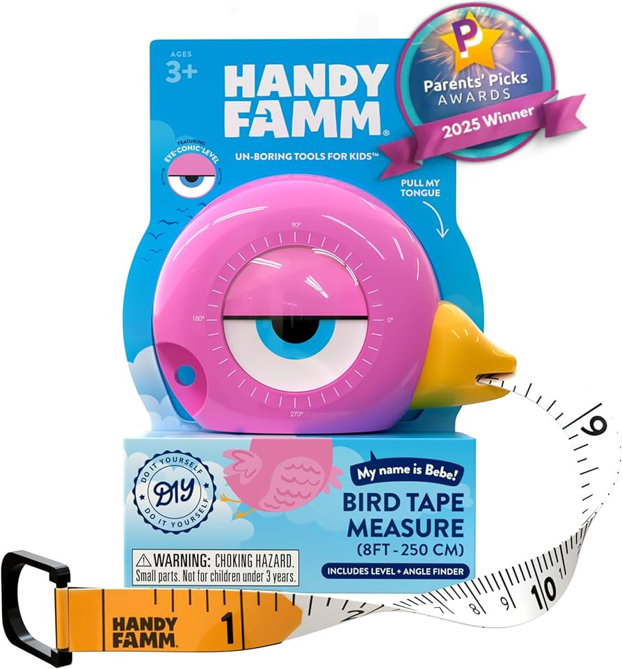 Handy Famm 8ft Pink Bird Tape Measure for Kids – STEM Educational Tool with Level, Protractor, ... | Amazon (US)
