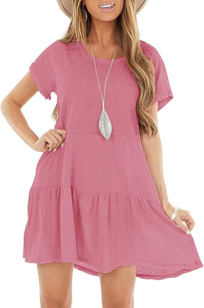 YIBOCK Women's Summer Short Sleeve Crew Neck T Shirt Dress Casual Loose Swing Dress with Pocket | Amazon (US)