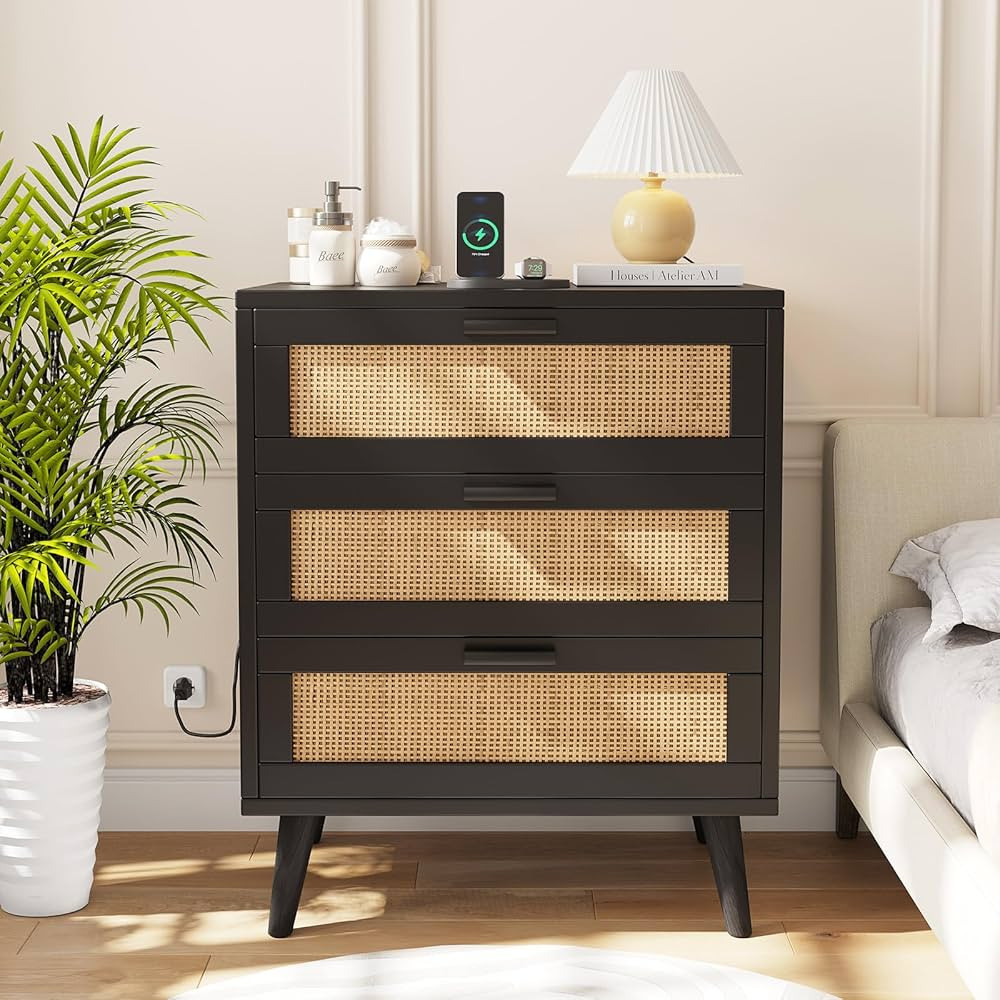 Rovaurx Rattan Nightstand with Charging Station, Night Stand with 3 Drawers, 28.5 Inch Bedside En... | Amazon (US)