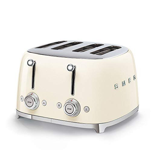 SMEG 4 Slice Toaster TSF03, Retro Stainless-Steel Toaster with Wide Slots for Bagels, 6 Browning Levels, Defrost Reheat Bagel Functions, Dual Controls, Crumb Trays, 1800W- TSF03CRUS - Cream | Amazon (US)