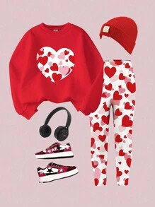 Young Girl Casual Heart Pattern Long Sweatshirt And Leggings 2 Pieces Clothes Outfit Set | SHEIN