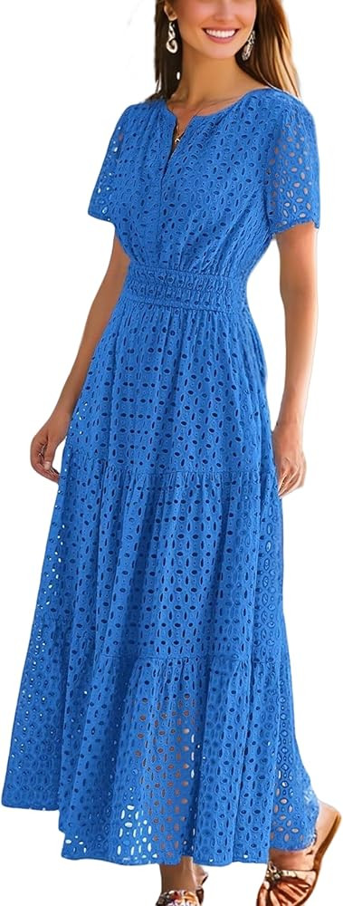 Womens Dresses Short Sleeve V Neck Long Beach Summer Aline Swing Flowy Dress with Pockets Casual ... | Amazon (US)