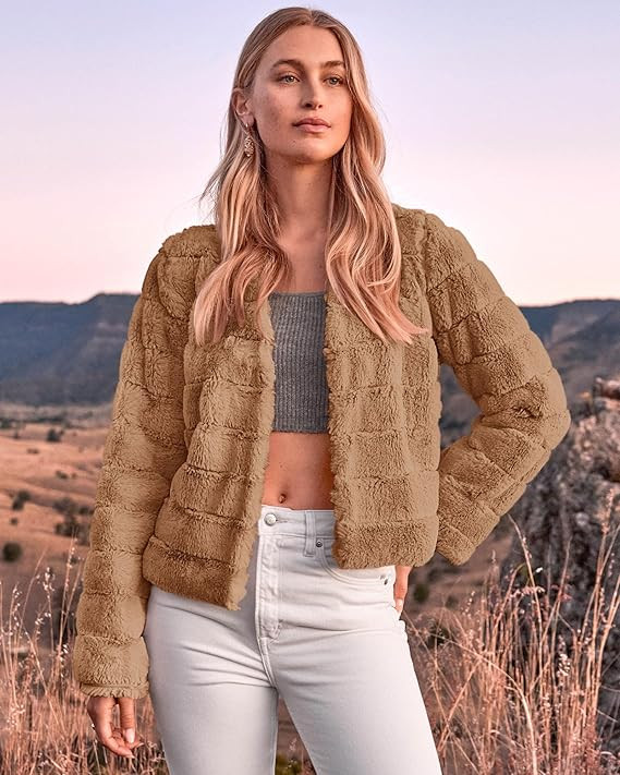BTFBM Women's Faux Fur Cropped Jacket 2023 Fall Winter Fashion Soft Long Sleeve Open Front Fluffy... | Amazon (US)