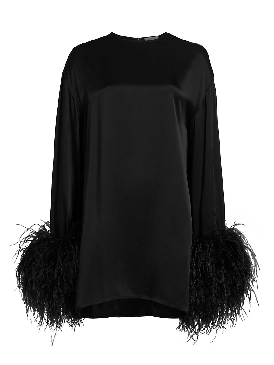 Women's Double-Face Satin Feather-Cuff Minidress - Black - Size XS | Saks Fifth Avenue