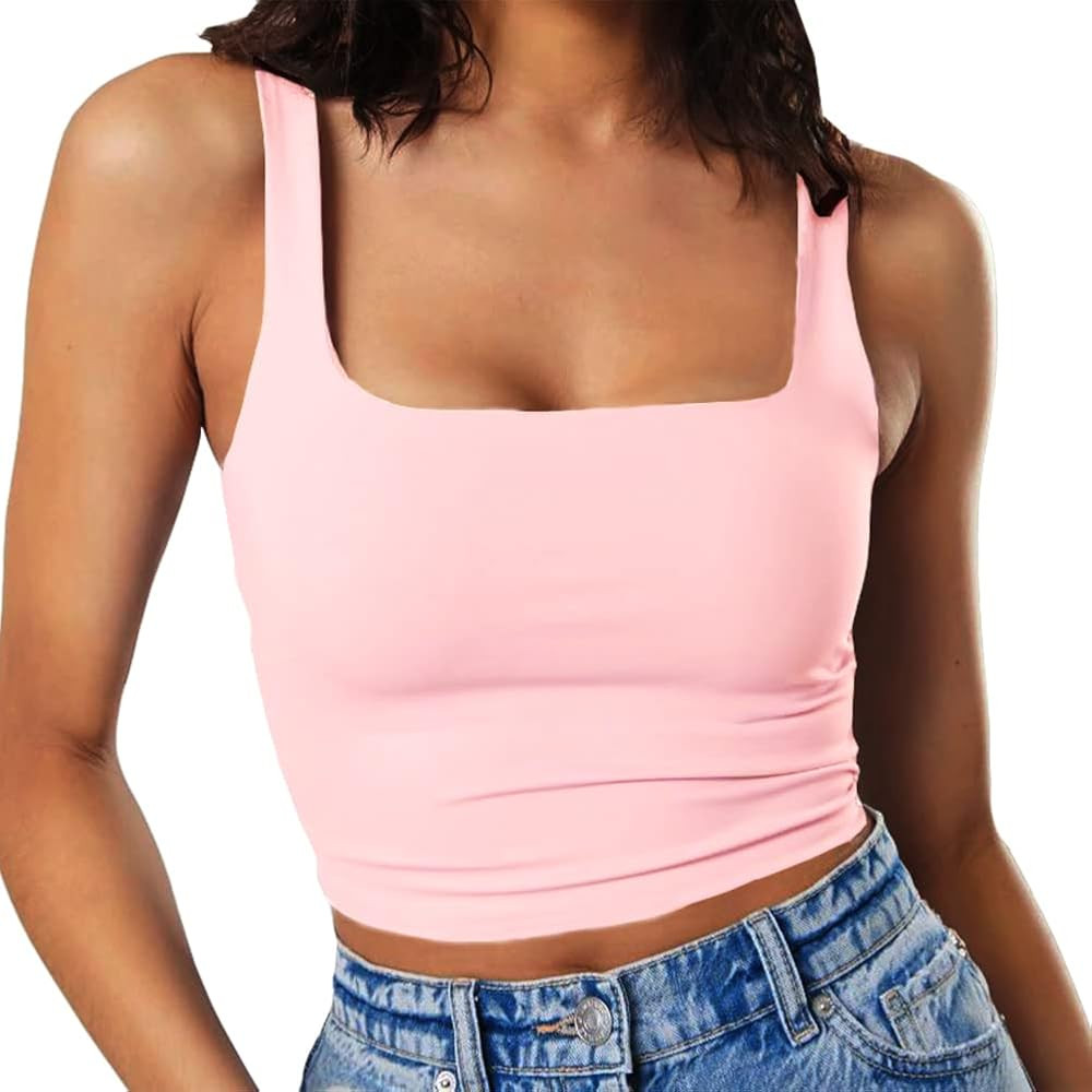 Artfish Women's Sleeveless Strappy Tank Square Neck Double Layer Workout Fitness Casual Basic Cro... | Amazon (US)