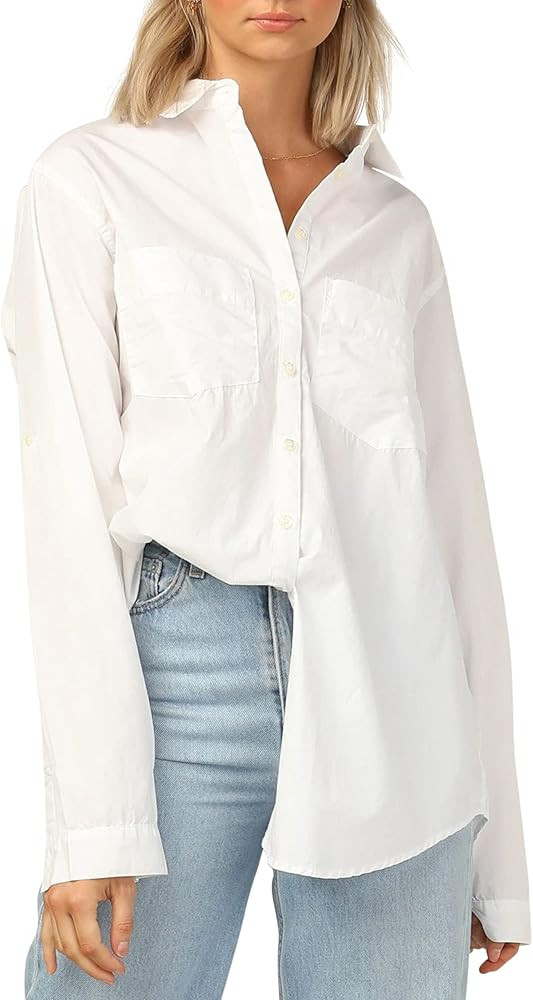 SAFRISIOR Women’s Striped Button Down Shirt Oversized Long Sleeve V Neck Collar Roll Up Blouse ... | Amazon (US)