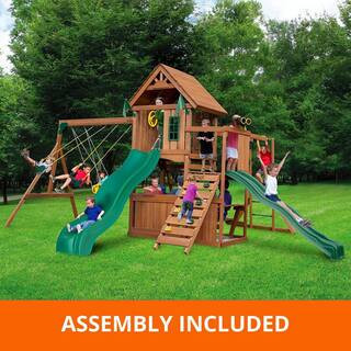 Professionally Assembled Super Knightsbridge Wooden Outdoor Playground Set with Slide, Rock Wall, Swing, and Monkey Bars | The Home Depot