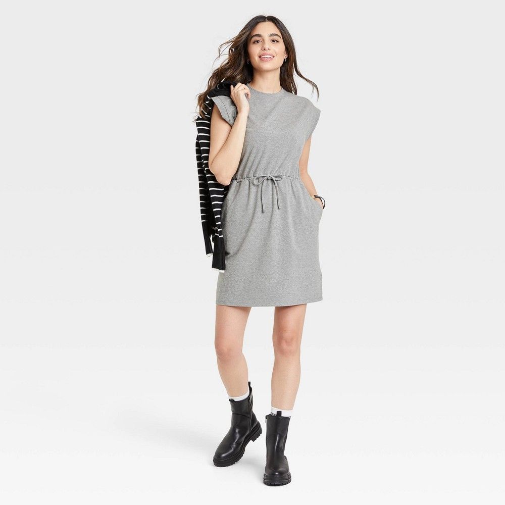 Women's Short Sleeve Extended Shoulder A-Line Dress - A New Day Gray S | Target
