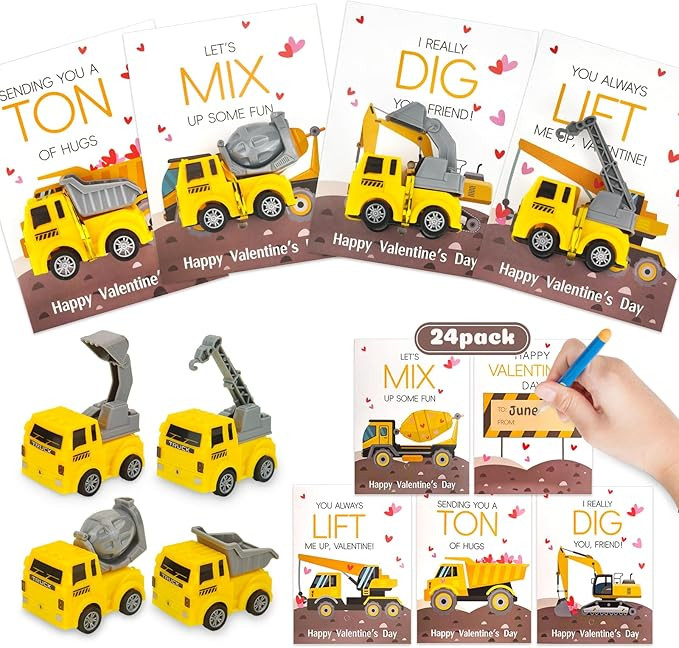 Valentines Day Cards for Kids Classroom: 24 Pack Trucks Valentines Gifts Construction Vehicles To... | Amazon (US)