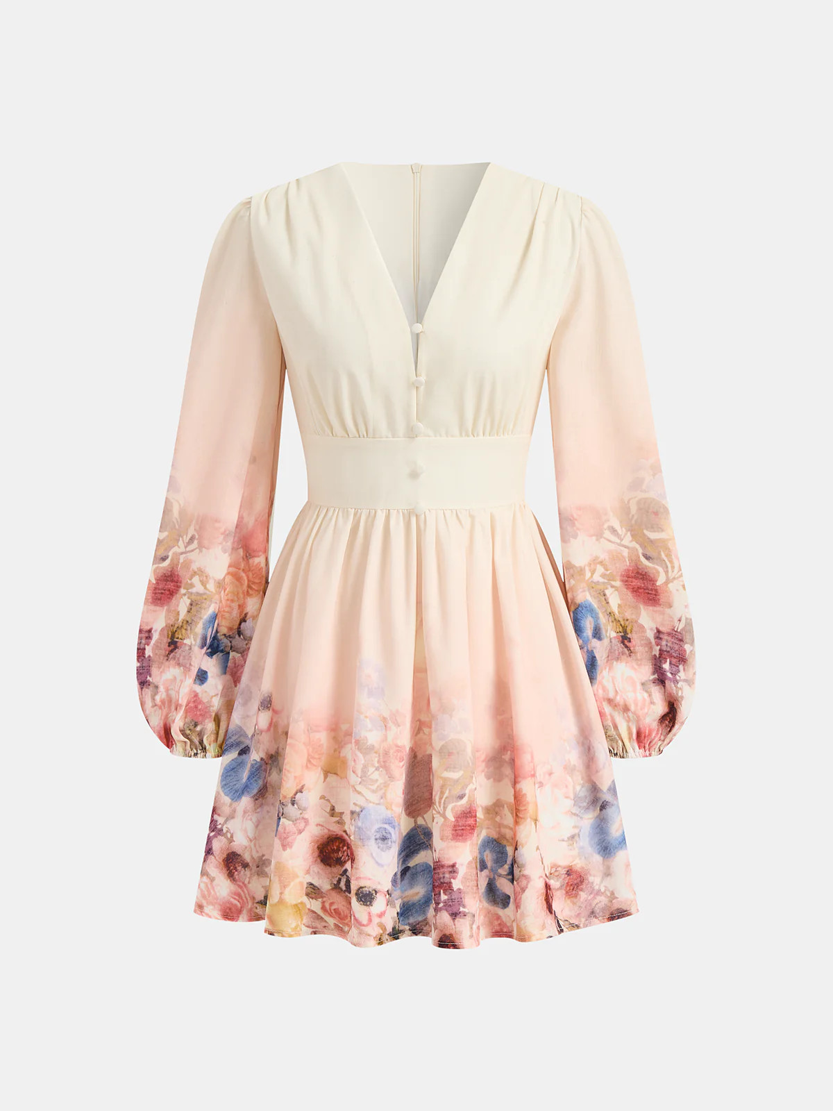 Floral Print V-Neck Long Sleeve Mini Dress | Commense