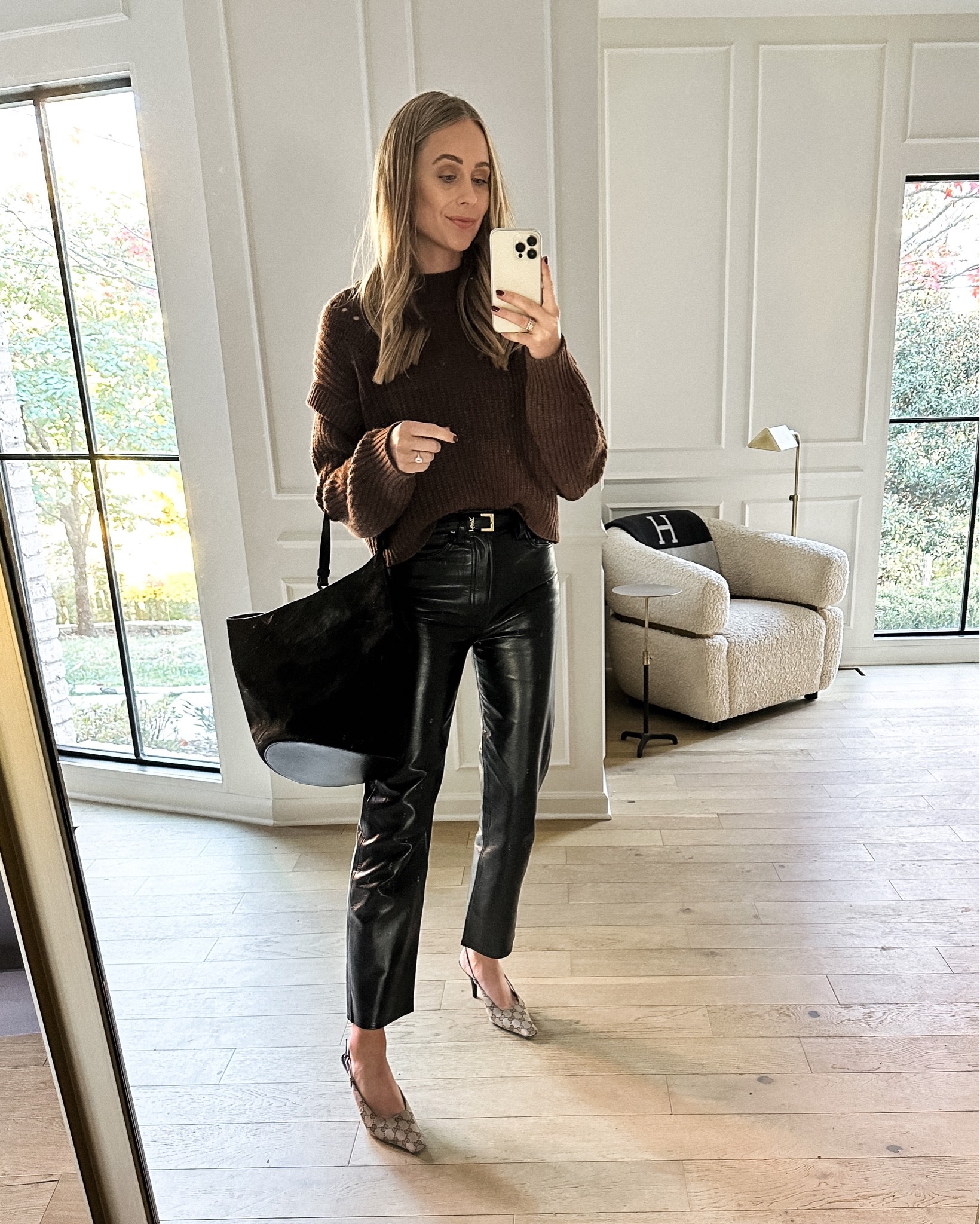 Fashion Jackson wearing brown sweater, black leather pants, Gucci slingbacks, khaite suede hobo bag #workwear #fashionjackson #falloutfits 

#LTKSeasonal #LTKstyletip #LTKworkwear