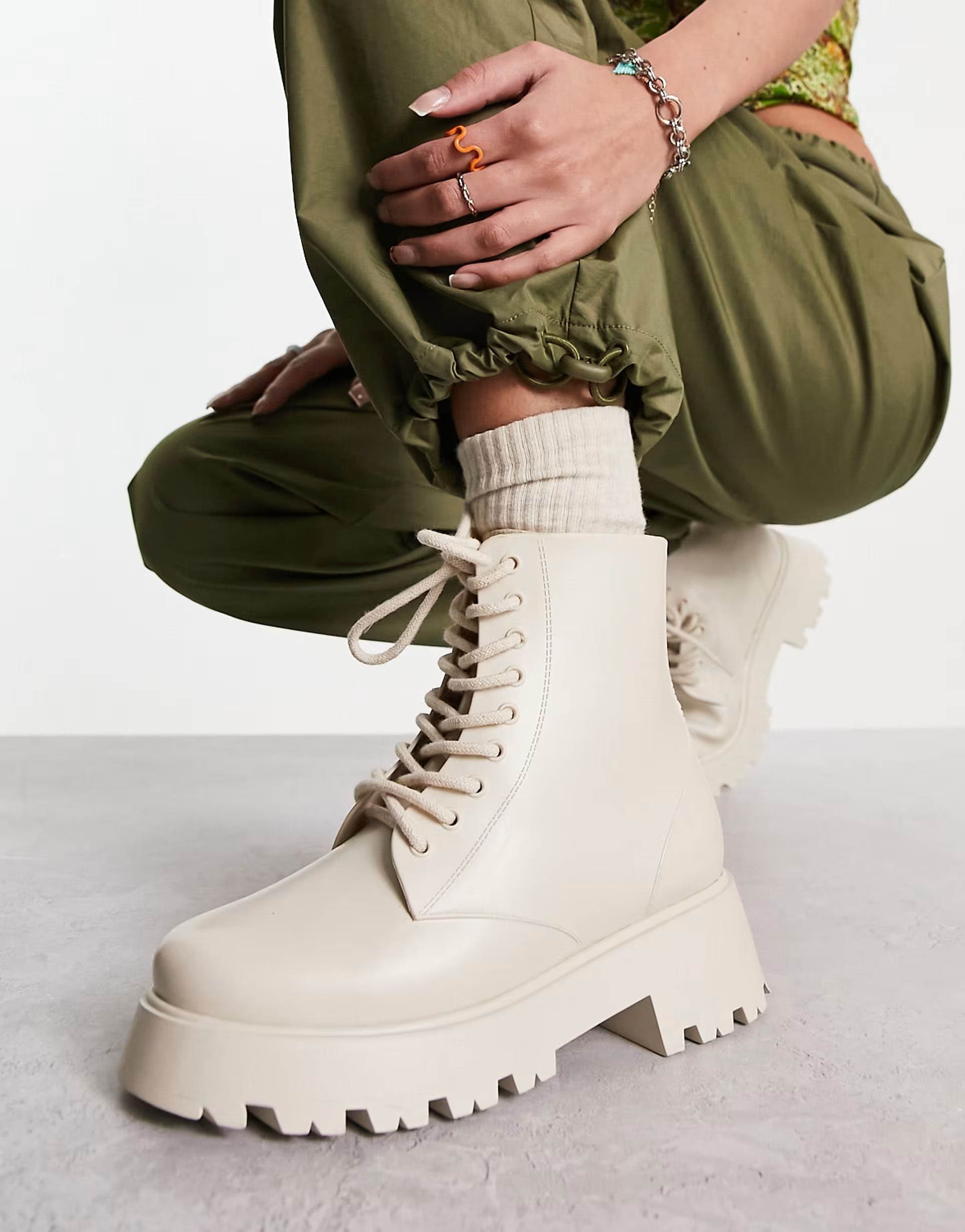 ASOS DESIGN Galaxy chunky lace up wellies in off white | ASOS (Global)