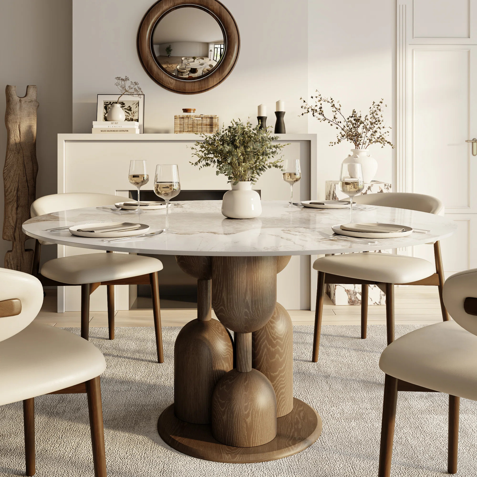 Luxury Modern Round Sintered Stone Dining Table Solid Wood Pedestal Kitchen Table For 4, One-step... | Wayfair North America