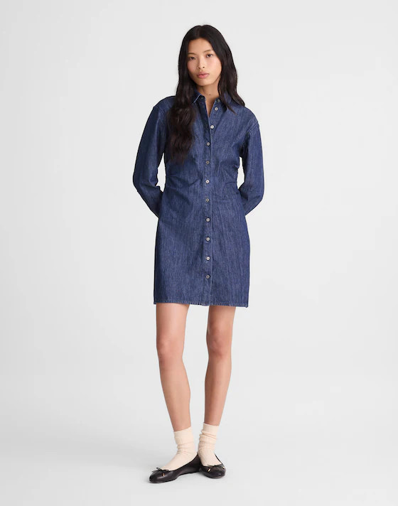 Denim Ruched Mini Shirtdress in Light Rinse Wash | Madewell