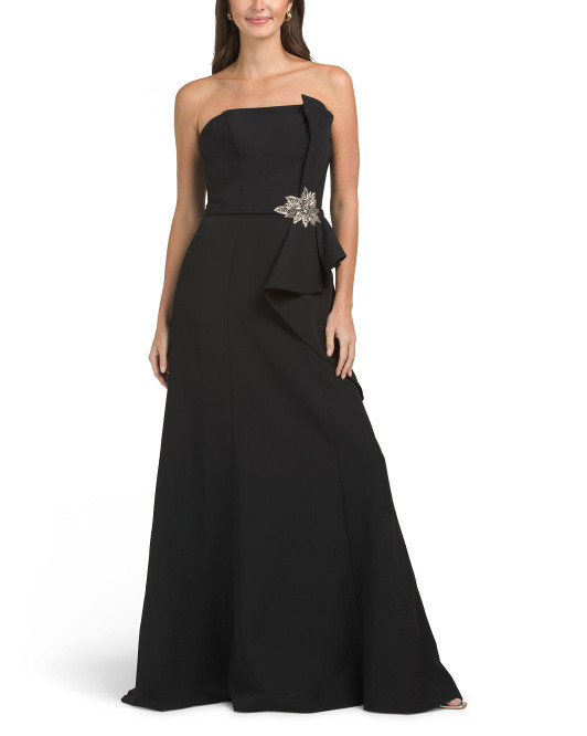 Strapless Cascading Ruffle Gown With Applique Detail | TJ Maxx