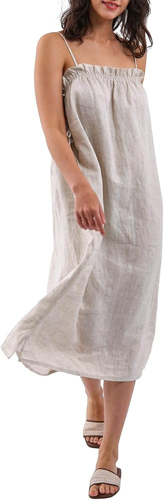 Amazhiyu Women 100% Linen Summer Spaghetti Strap Midi Beach Dresses with Pockets | Amazon (US)
