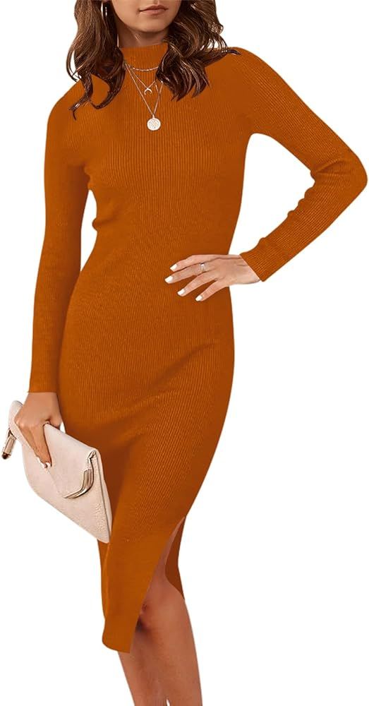 ANRABESS Women's 2023 Fall Long Sleeve Sweater Dress Turtleneck Slim Fit Ribbed Knit Slit Midi Dr... | Amazon (US)