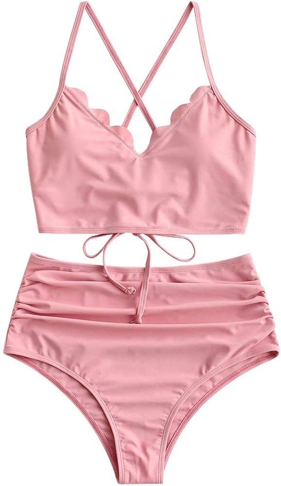 ZAFUL Women's High Waisted Tankini Set, Scalloped Trim Swimsuit Back Lace-Up High Cut Two Piece B... | Amazon (US)