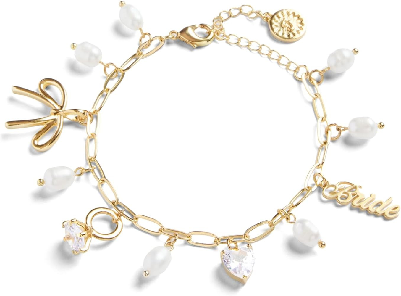 xo, Fetti Gold Bride Charm Bracelet | Pearl Bachelorette Accessory, Rhinestone Bridal Jewelry, Ba... | Amazon (US)