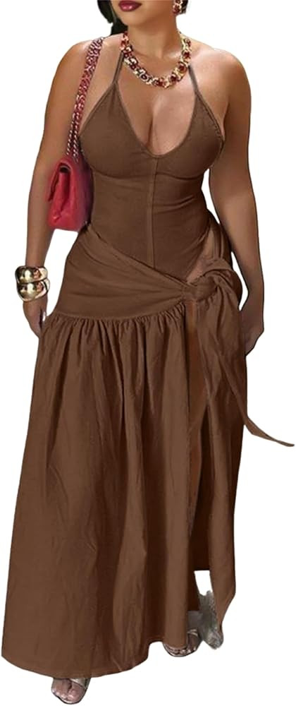 Womens Summer 2 Piece Maxi Skirt Sets Sexy Halter V Neck Backless Thong Bodysuits Wrap Beach Cove... | Amazon (US)